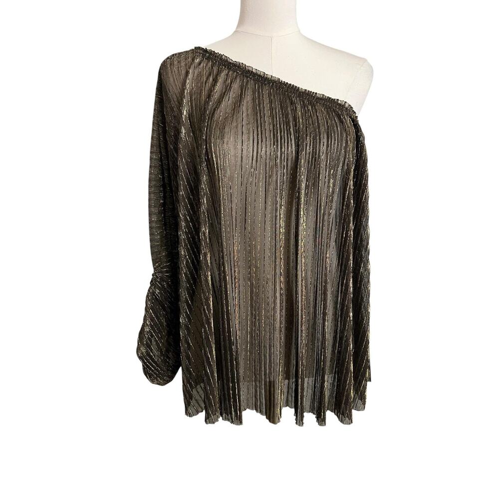 MM Couture By Miss Me One Shoulder Blouse XL XXL Gold Metallic Pleated Sheer